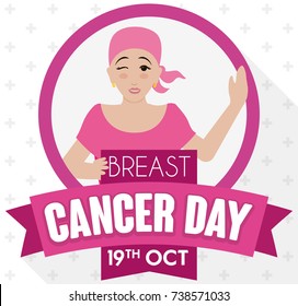 Poster in flat style and long shadow with beautiful young woman with headscarf remembering at you Breast Cancer Day in October 19.