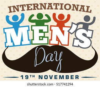 Poster in flat style and long shadows with male pictograms commemorating International Men's Day.