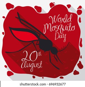Poster in flat style with mosquito soaked in blood spreading infectious parasites to commemorate prevention in World Mosquito Day.