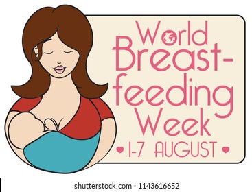 Poster in flat style and outline with mom and her baby close to a commemorative sign with reminder date for World Breastfeeding Week event.