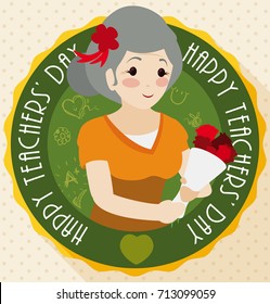 Poster in flat style with proud older female teacher holding a bouquet from her students in the celebration of Teachers' Day.