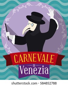 Poster in flat style with round button and traditional plague doctor character celebrating in the Carnival of Venice (written in Italian) over ribbons and wave pattern.