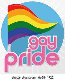 Poster in flat style with round button, pink greeting text and a rainbow pennant for Gay Pride event inside of it.