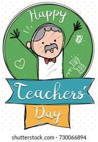 Poster in flat style and senior cute educator with mustache over chalkboard with doodles and ribbons, celebrating a happy Teachers' Day.