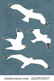 Poster with flat style vector seagulls flying