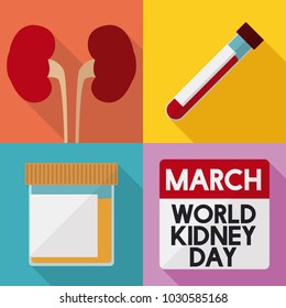 Poster in flat style for World Kidney Day with basic tests that prove good renal health: urine exam and blood test and a calendar to promote this holiday in March.