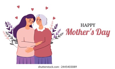 Poster in flat trendy style for Mother's Day. Elderly woman hugging her daughter. Generation. Vector illustration. Person. Family and love. Motherhood. Holiday. Support and relationships