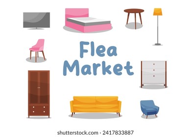 poster flea market. a set of furniture on a white background. Vector
