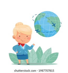 Poster with a flight attendant and flights around the world. White background, blue uniform. Vector illustration