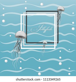 Poster with floating  jellyfish. Jellyfish and air bubbles against the background of sea waves. Flat style. Design for postcards, ads, packaging materials.