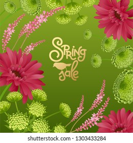 Poster with floral frame of spring flowers. Asters, gerbera, field herbs. Print gold foil inscription "Spring Sale" and silhouette bird on green background. Vector illustration. Hand drawing. Vintage