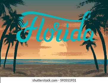 Poster with Florida sunset, palms and ocean