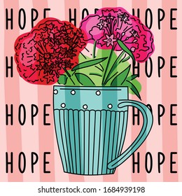 Afiche, flores en una taza, composición primaveral, té, esperanza, clavel, peonía