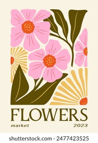 Poster with flowers. Greeting and invitation postcard template. Minimalistic abstract creativity and art. Bloom and blossom plants. Graphic element for website. Flat vector illustration