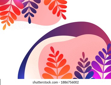 A poster with flowing colored shapes and leaves. Design template for covers, posters, banners, flyers, presentations and reports. Vector illustration.