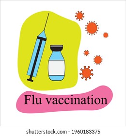 Poster "Flu vaccination" with syringe and bottle of vaccine on a yellow background representing protective screen and viruses flying around. Vector, eps 10