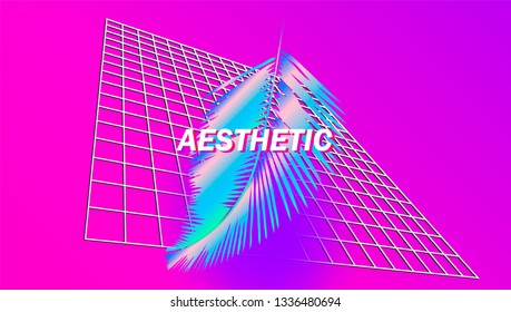 Poster with fluid holographic neon shape in retrowave/ vaporwave nostalgic style.