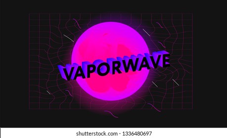 Poster with fluid holographic neon shape in retrowave/ vaporwave nostalgic style.