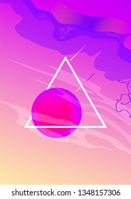 Poster with fluid holographic neon shape in retrowave vaporwave nostalgic style.