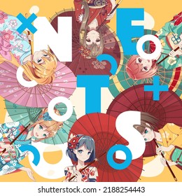 Poster flyer anime manga girls in kimono holding umbrella