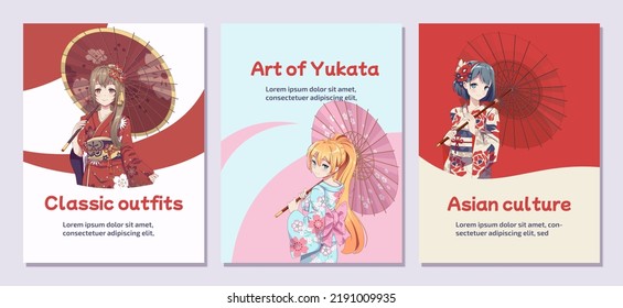 Poster or flyer. Anime manga girls in traditional Japanese kimono costume holding paper umbrella. Vector illustration on isolated background - Shutterstock ID 2191009935