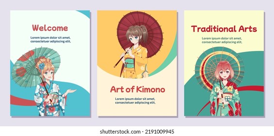 Poster Or Flyer. Anime Manga Girls In Traditional Japanese Kimono Costume Holding Paper Umbrella. Vector Illustration On Isolated Background