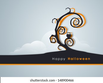 Poster, flyer, banner or background with dead tree and owl for Happy Halloween party. 