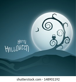 Poster, flyer, banner or background with dead tree and owl for Happy Halloween party. 