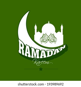 Poster, flyer or banner design with arabic islamic calligraphy of text Ramadan Kareem, mosque and shiny moon on green background. 