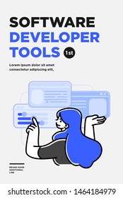 Poster, flyer or banner design template. Business concept illustrations. Modern flat outline style. Software development tools