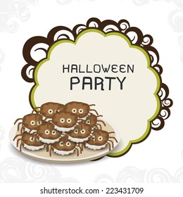 Poster, flyer, banner or invitation for Happy Halloween party celebration with scary spiders cake in a plate.