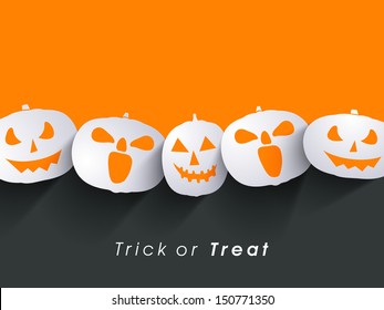 Poster, flyer or banner with scary pumpkins on orange or grey background for Trick or Treat Halloween Parties. 