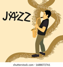 Poster, flyer, banner template for jazz music festival, concert, performance. Advertising background with saxophonist playing saxophone and place for text. Black hand drawn lettering of the word jazz.