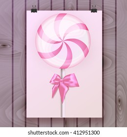 Poster, Flyer, Brochure with swirl pink sweet lollipop, color realistic candy on a background of wooden planks. Vector illustration. EPS 10.