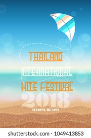 Poster, flyer, card, invitation template for the kite festival. Sunny beach party, flying kites in the sky. Vector illustration.