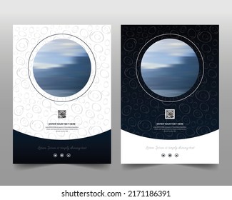 Plantilla de diseño de afiches, volantes o cubiertas con fondo de color azul y blanco oscuro y colocación de fotos en forma de círculo en el medio. Plantilla de ilustración de vector editable en tamaño A4