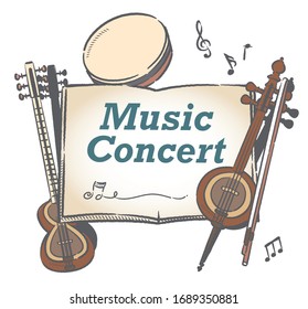 Poster or flyer design with Arabic instruments. Vector illustration.