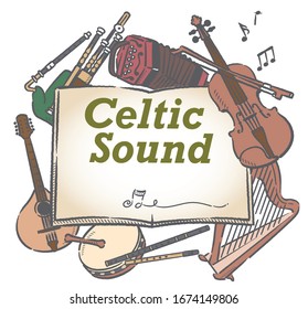 Poster or flyer design with Celtic instruments.  Vector illustration.