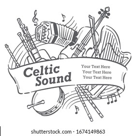 Poster or flyer design with Celtic instruments.  Vector illustration.