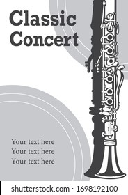 Poster or flyer design with clarinet illustration. Vector.