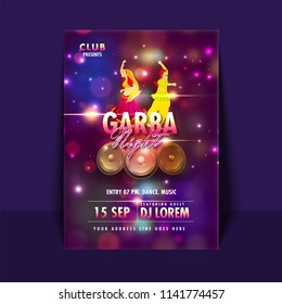 Poster or flyer design, couple in dancing pose and woofer illustration on shiny lighting background with date, time and venue details.