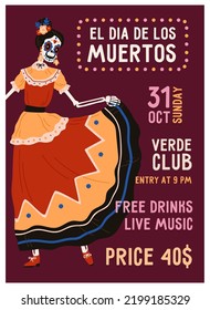 Afiche, diseño de volante para el Día de los Muertos, Día de los Muertos. Fiesta por la muerte en México, plantilla de banner de promoción vertical con esqueleto de Catrina en espeluznante festival. Ilustración vectorial plana de color