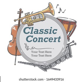 Poster or flyer design with musical instruments. Vector illustration.