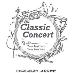 Poster or flyer design with musical instruments. Vector illustration.