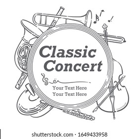 Poster or flyer design with musical instruments. Vector illustration.