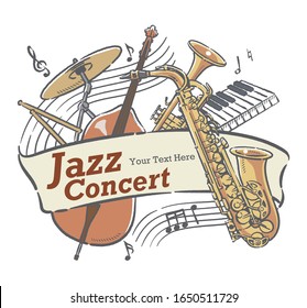 Poster or flyer design with musical instruments. Vector illustration.