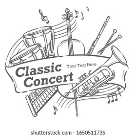 Poster or flyer design with musical instruments. Vector illustration.