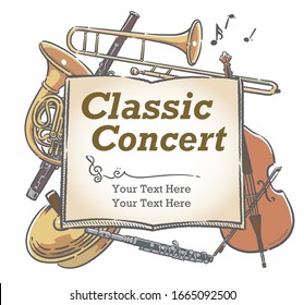 Poster or flyer design with musical instruments. Vector illustration.