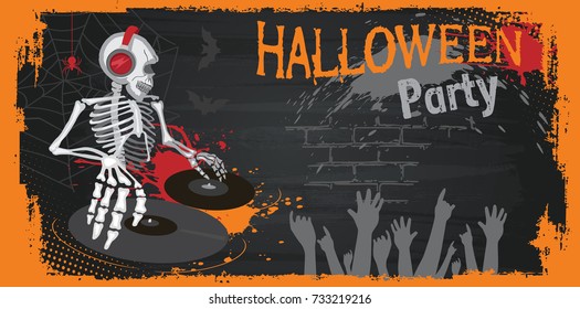 Poster or flyer with DJ skeleton for Halloween party. Disc Jockey with vinyl records in a nightclub. Cartoon Ghost, bones and spider. Background with web, horror. Silhouette of dancing people. Vector.