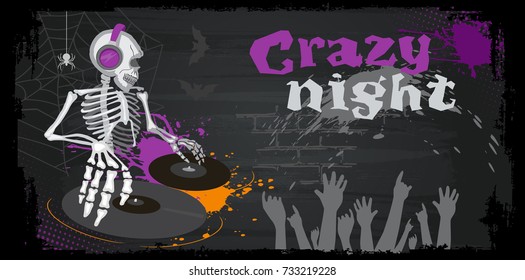 Poster or flyer with DJ skeleton for Halloween party. Disc Jockey with vinyl records in a nightclub. Cartoon Ghost, bones and spider. Background with web, horror. Silhouette of dancing people. Vector.